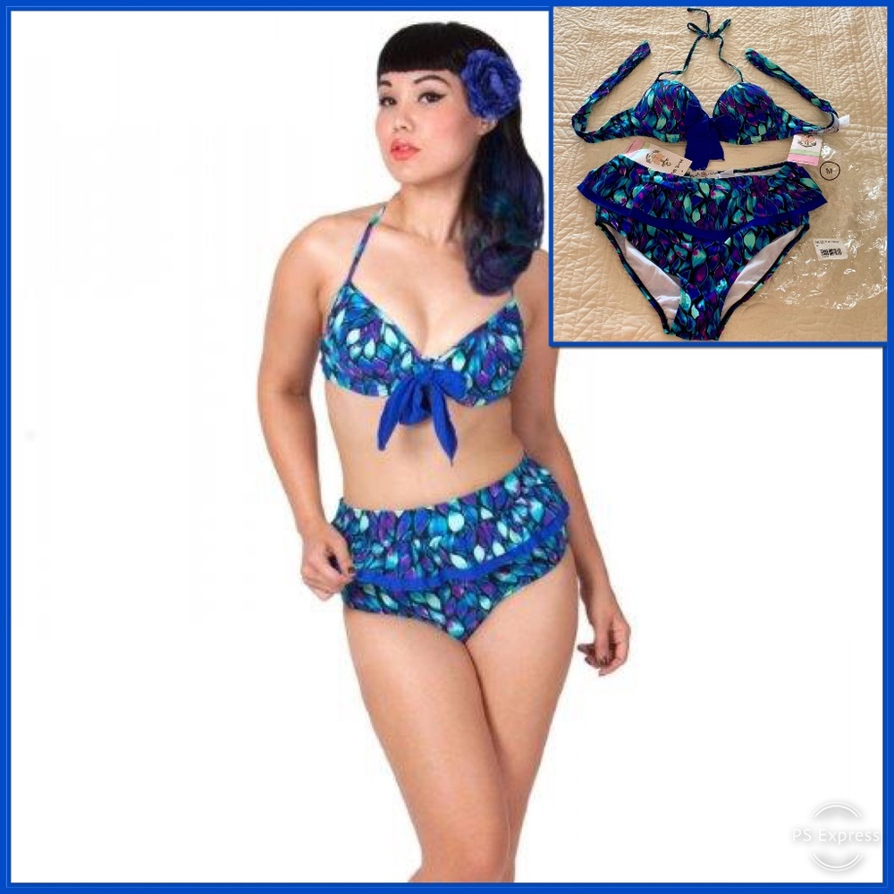 Tatyana Beach Bash Retro High-Waisted 2 Piece Swimsuit Ruffled Skirt Medium NWT